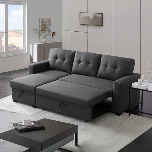 L Shaped Convertible Sleeper Sectional Sofa with Storage Chaise and Pull-Out Bed X71297