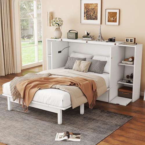 White Queen Size Wood Murphy Bed with Shelves and Storage Drawers A9127