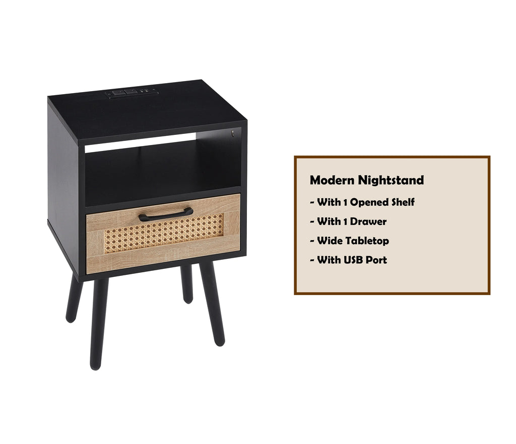 Black Nightstand with Storage Drawer and Charging Station V7774