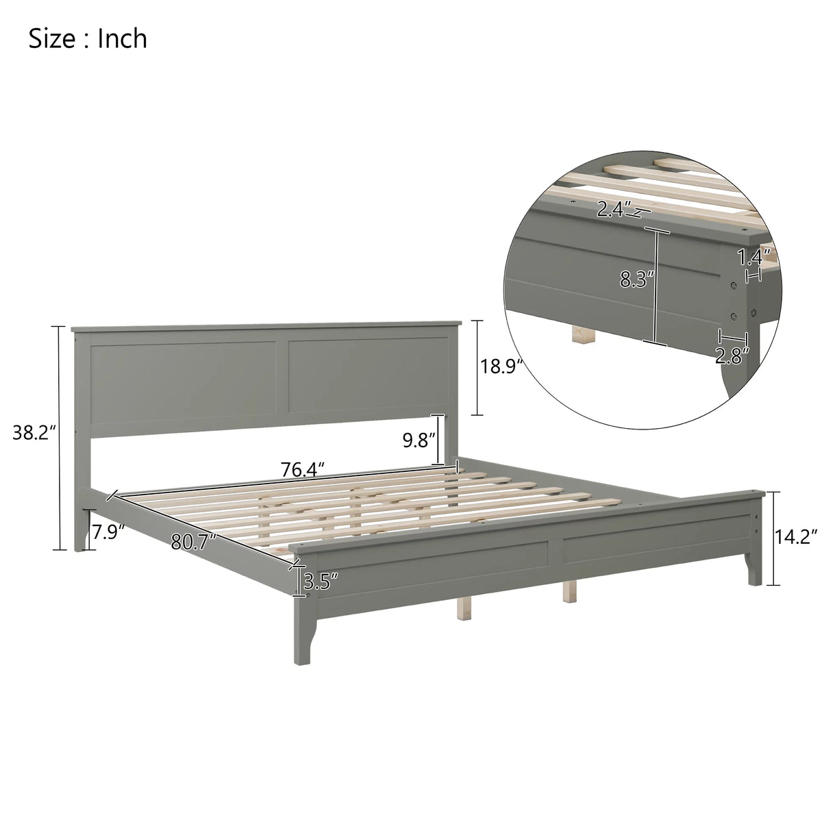 King Size Wood Platform Bed Frame with Headboard B5848