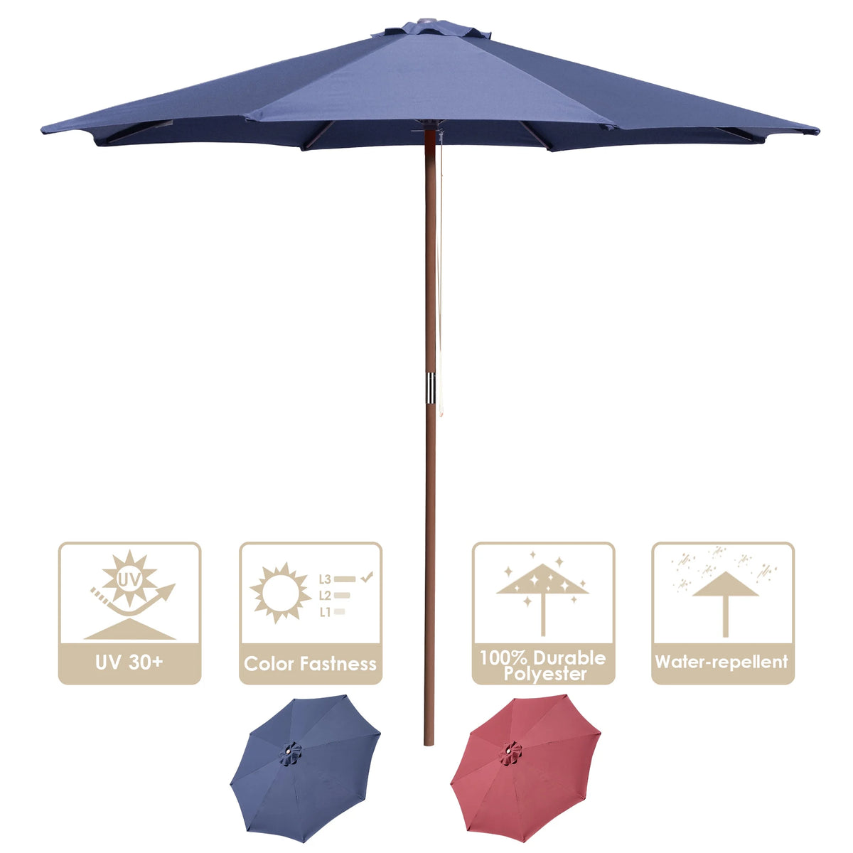 9ft Wooden Pole Patio Umbrella 8 Ribs J741804