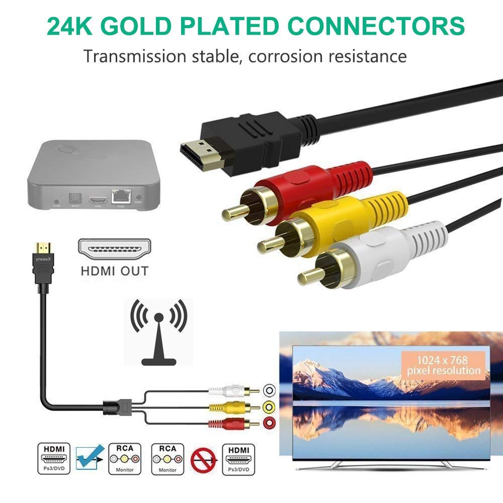 HDMI to RCA Cable, 1080P 5ft/1.5m HDMI Male to 3-RCA Video Audio AV Cable W22479