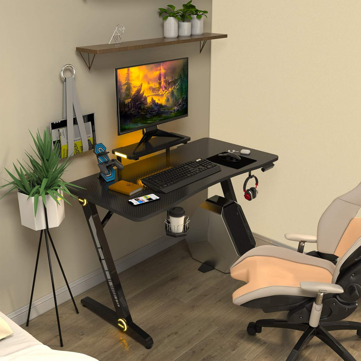 Z-Shaped Gaming Desk with Monitor Stand & Carbon Fiber Surface S30100