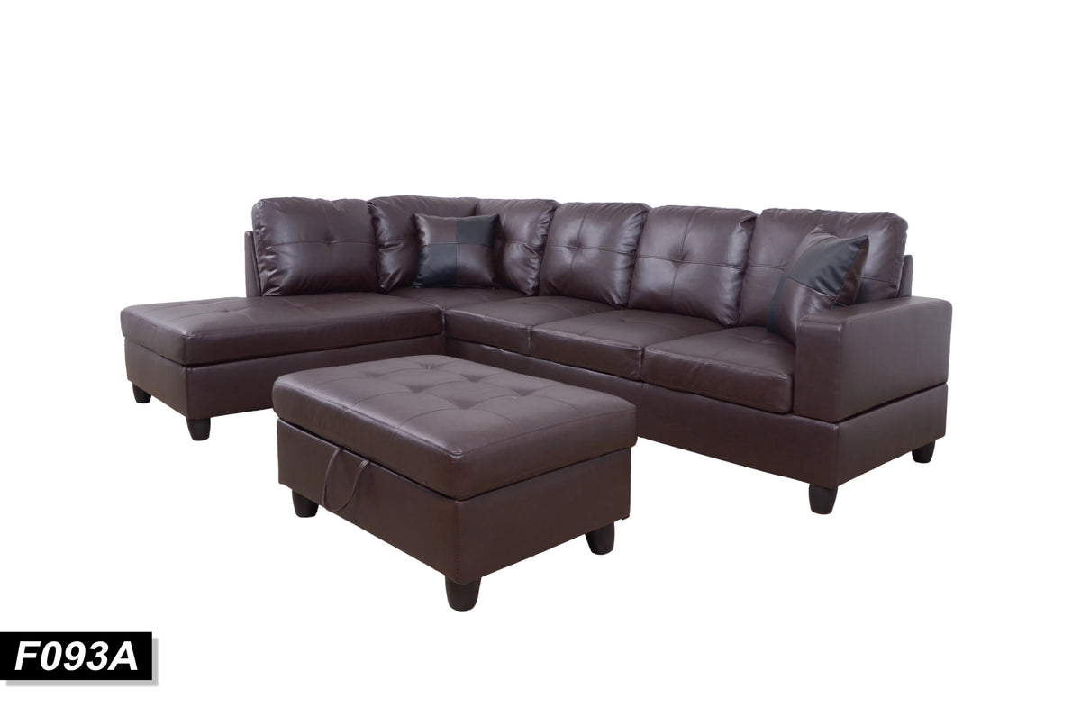 Brown Leather Sleeper Sectional Sofa with Storage Ottoman D75322