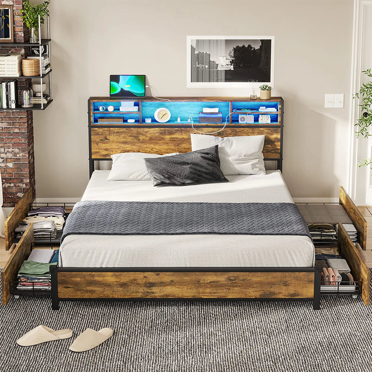 Full Size LED Metal Platform Bed Frame with Storage Drawers S973