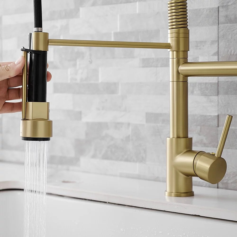 Brushed Gold Kitchen Faucet with Pull-Down Sprayer E665452