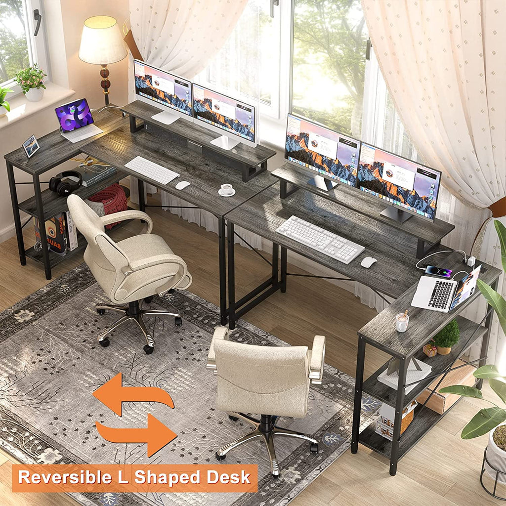 Black Oak L Shaped Desk with Power Outlet and Storage Shelves P495