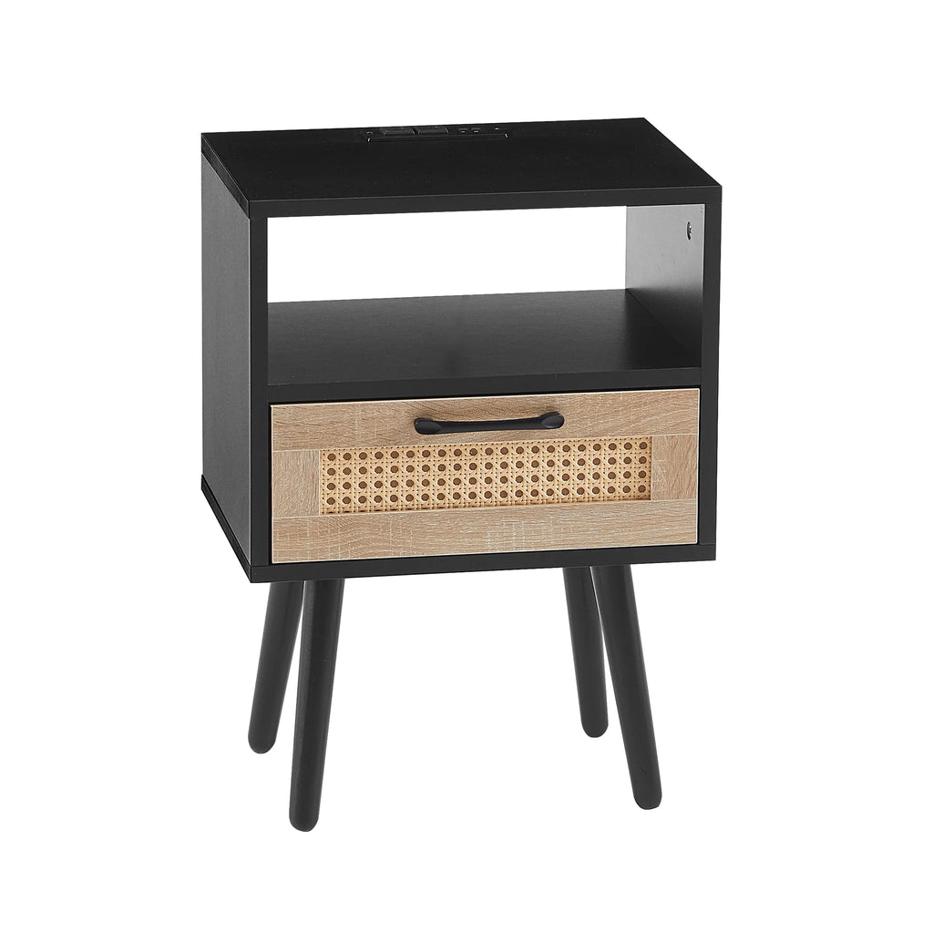 Black Nightstand with Storage Drawer and Charging Station V7774
