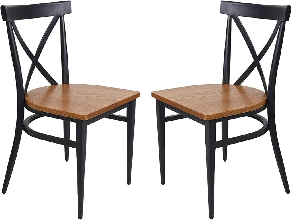 Black Metal Dining Chairs with Solid Wooden Seat, Set of 2 E495124