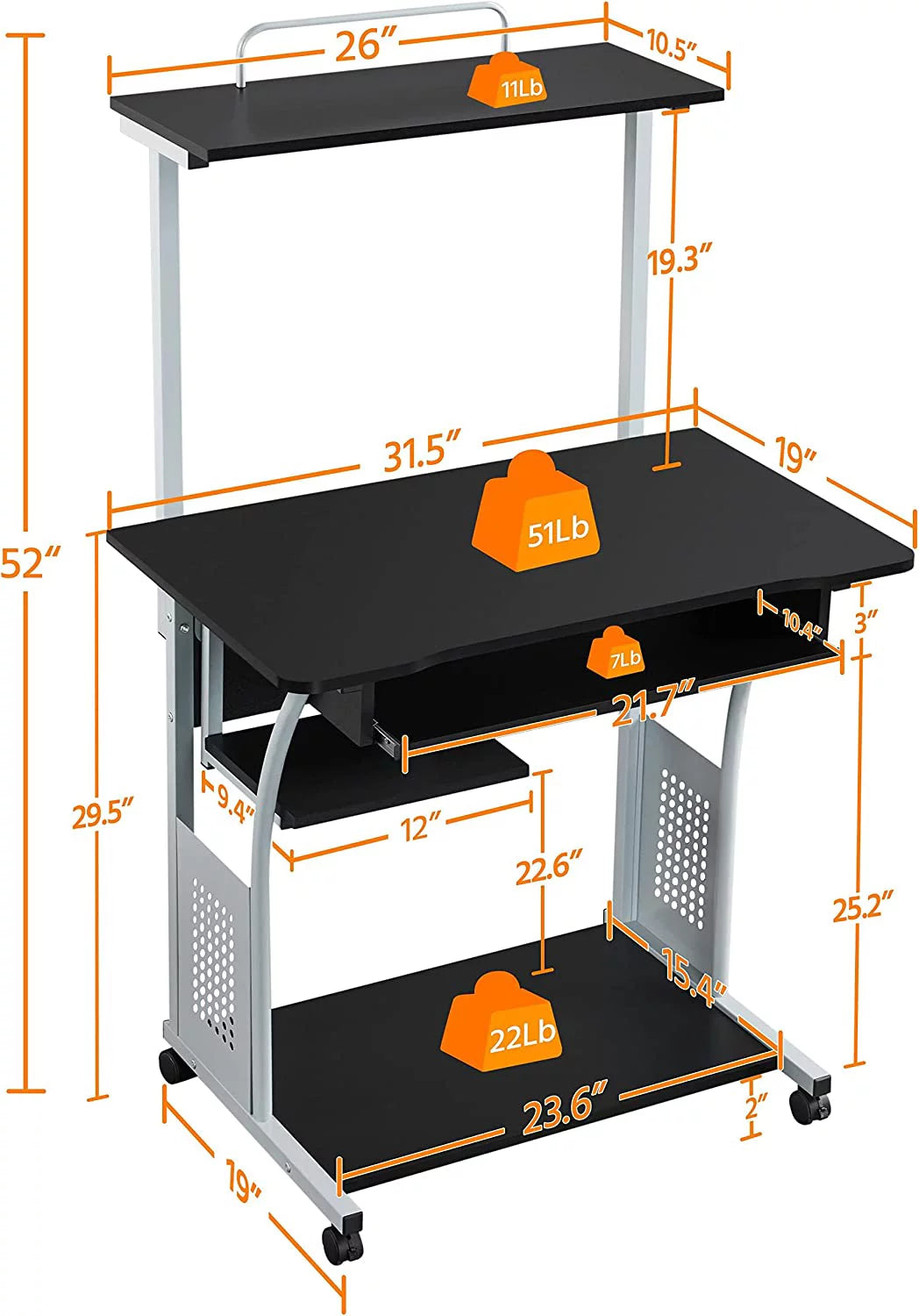 Black 2 Tier Rolling Computer Desk with Keyboard Tray I51112