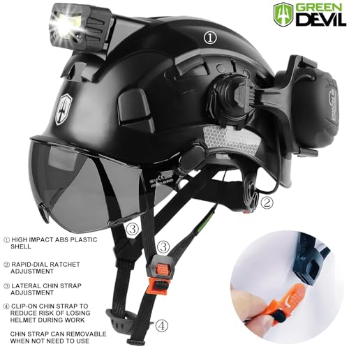 5 in 1 Vented Hard Hat Safety Helmet with Visor Bluetooth Ear Muffs and Headlamp N179