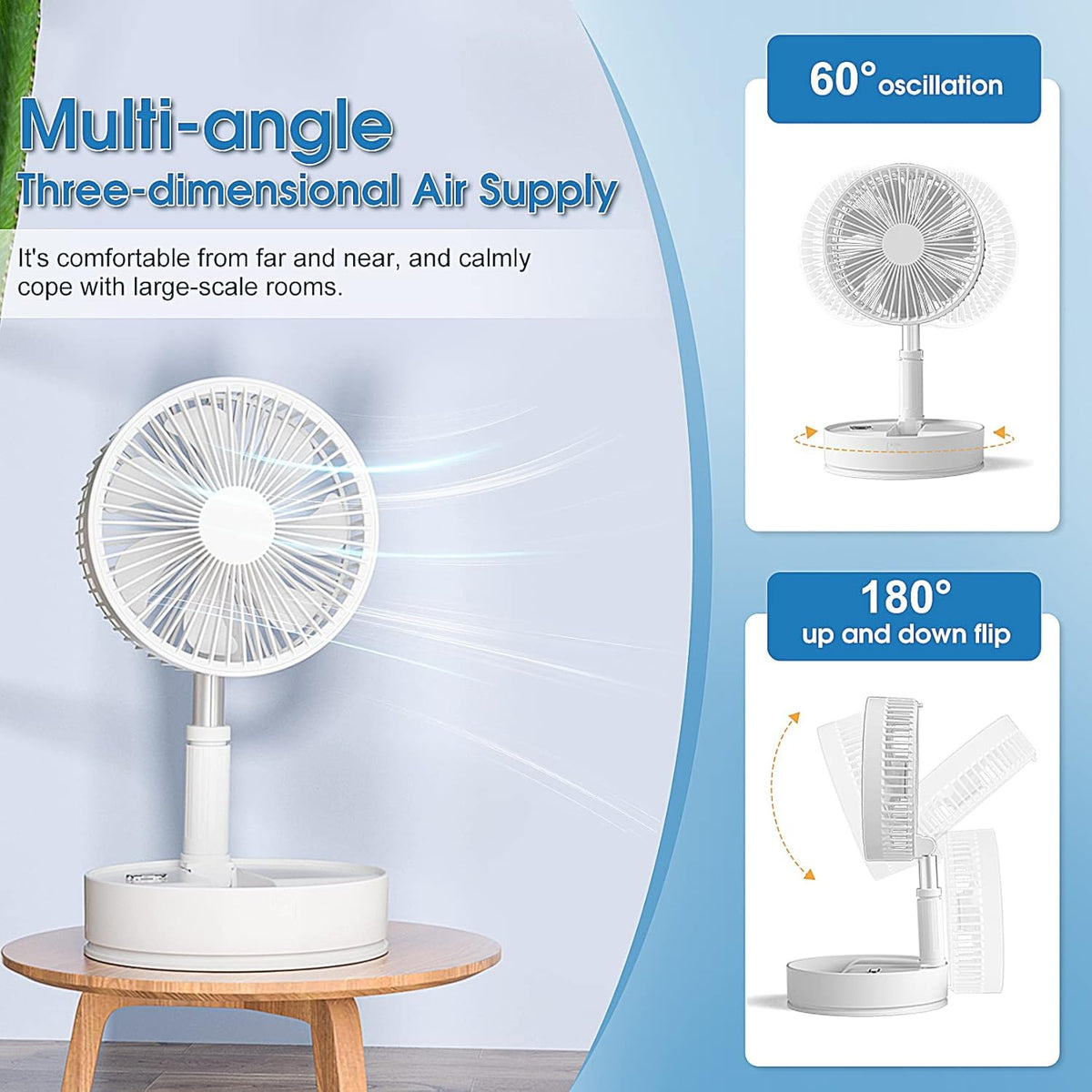 Portable Oscillating Standing Fan with Remote Controller, 7.8 Foldable Desk Fan, 7200mah Rechargeable & USB Quiet, Mini Folded Floor Fan D490226