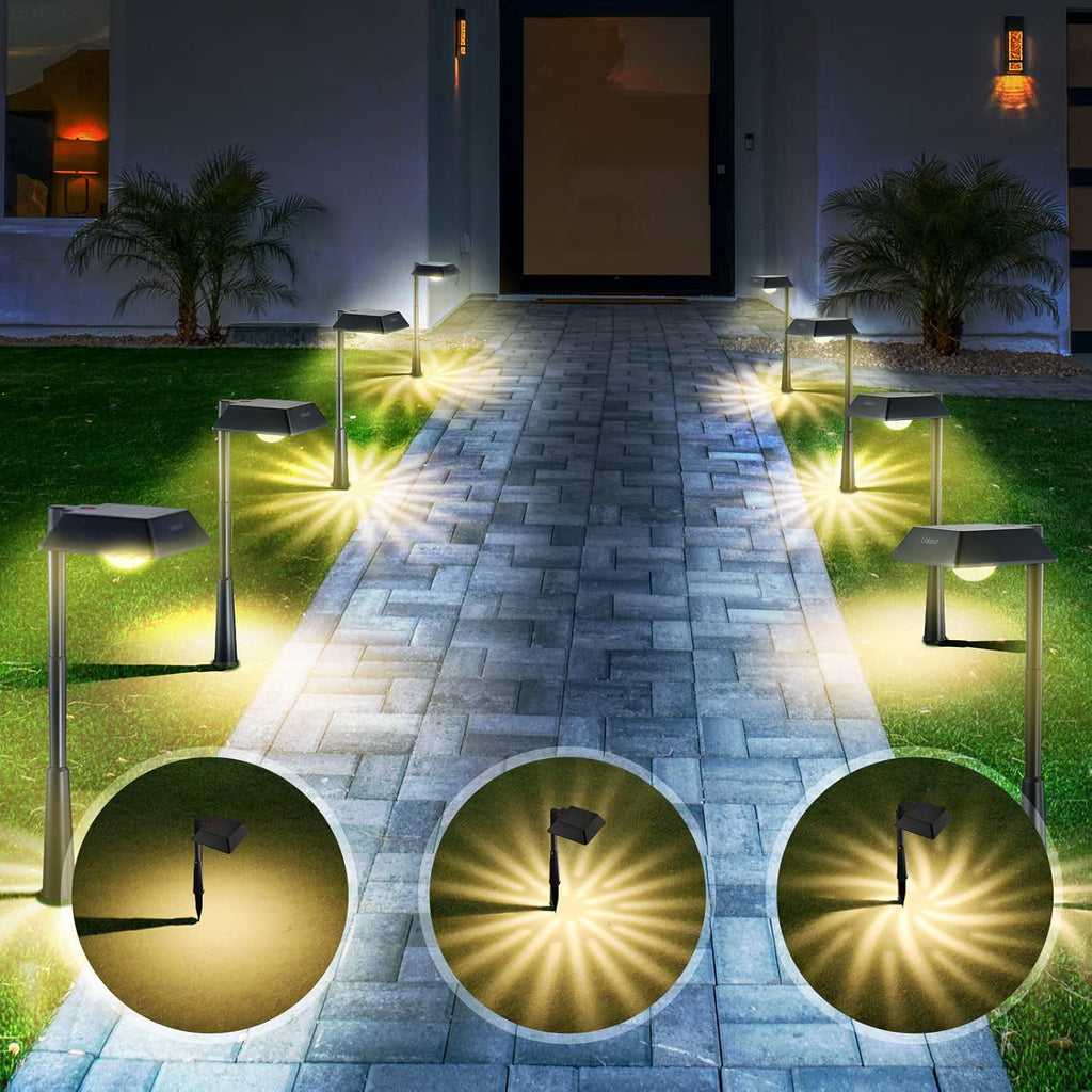 8 Pack 200 Lumen Solar Pathway LED Lights, Warm White, IP65 Waterproof Adjustable Stake Lights T9389