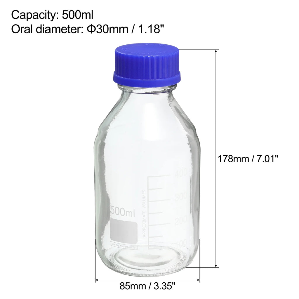 500mL Clear Graduated Glass Storage Bottle Blue Cap 2 Pack U44036