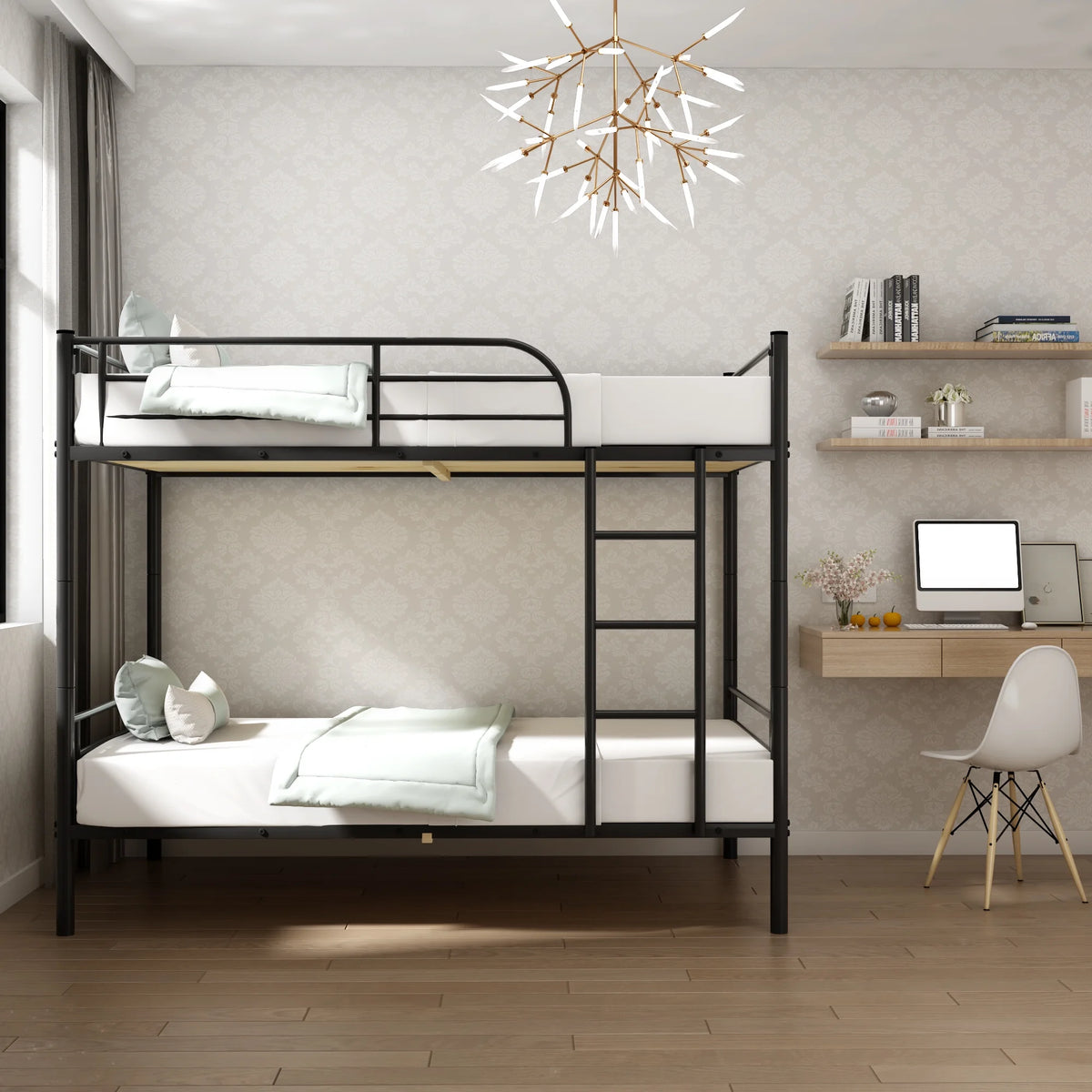 Twin over Twin Metal Bunk Bed with Ladder and Safety Rail N7336