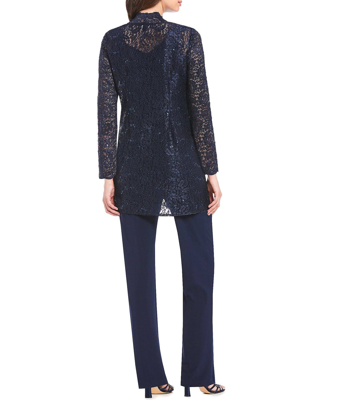 3-Piece Sequin Glitter Scallop Lace Duster Pant Set Y790