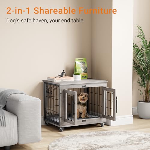 Grey Wooden Dog Crate 32'' with Cushion & Wheels Double Doors I4418
