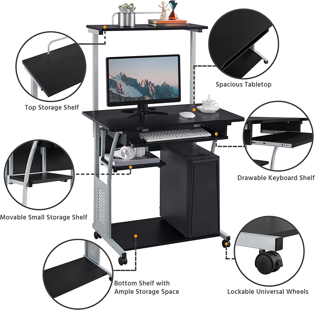 Black 2 Tier Rolling Computer Desk with Keyboard Tray I51112