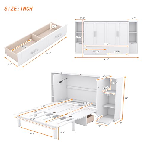 White Queen Size Wood Murphy Bed with Shelves and Storage Drawers A9127