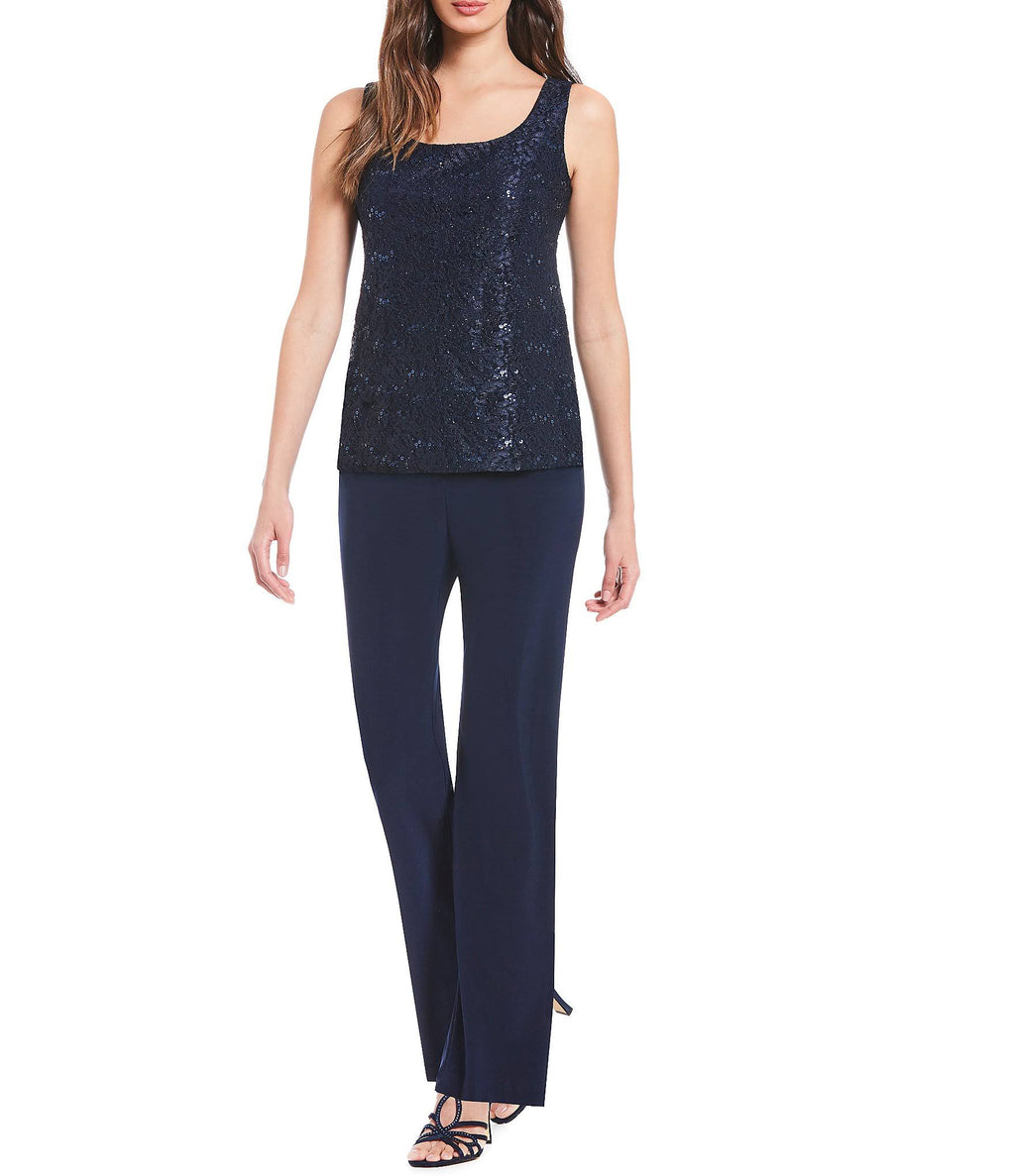 3-Piece Sequin Glitter Scallop Lace Duster Pant Set Y790