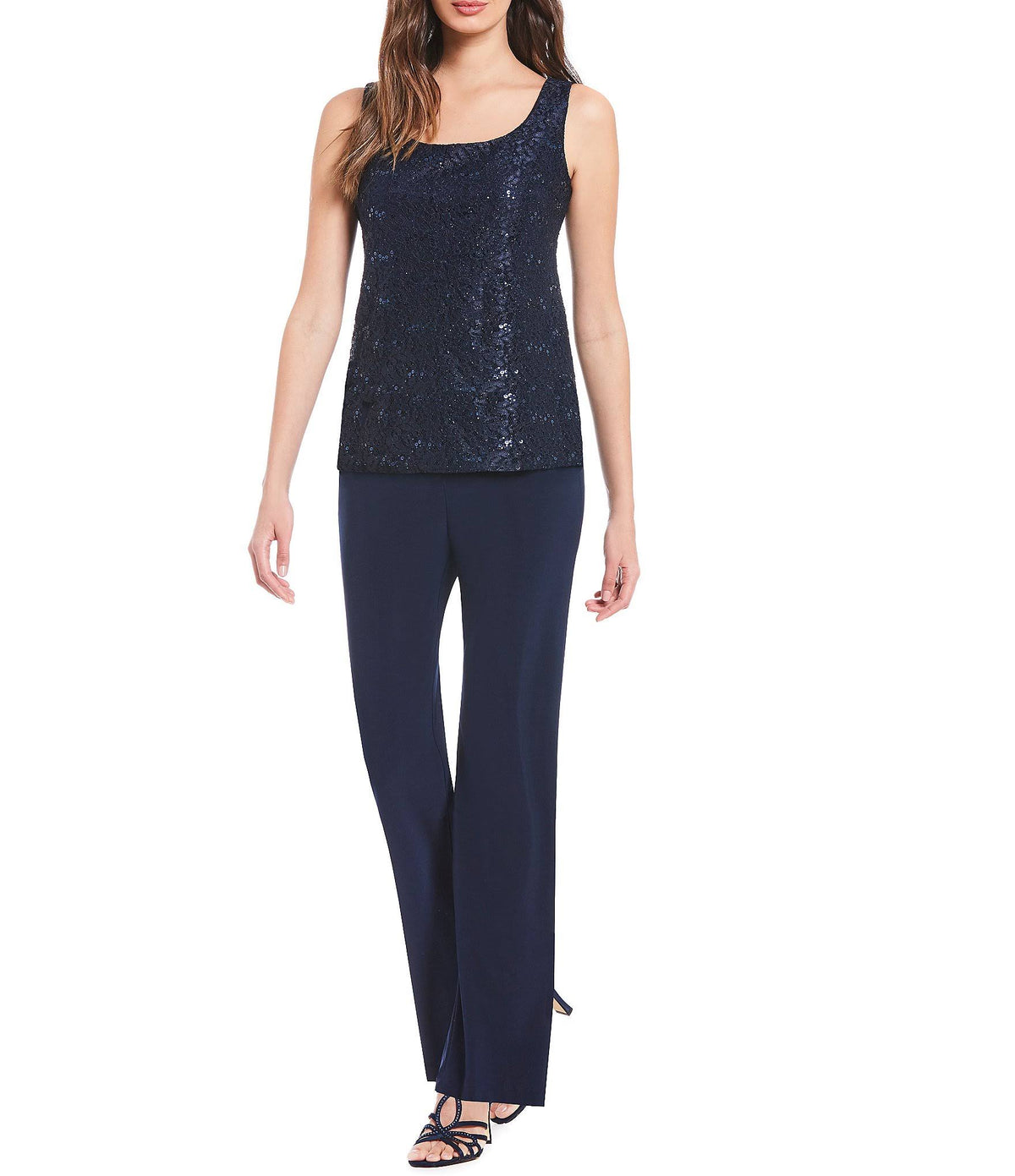 3-Piece Sequin Glitter Scallop Lace Duster Pant Set Y790