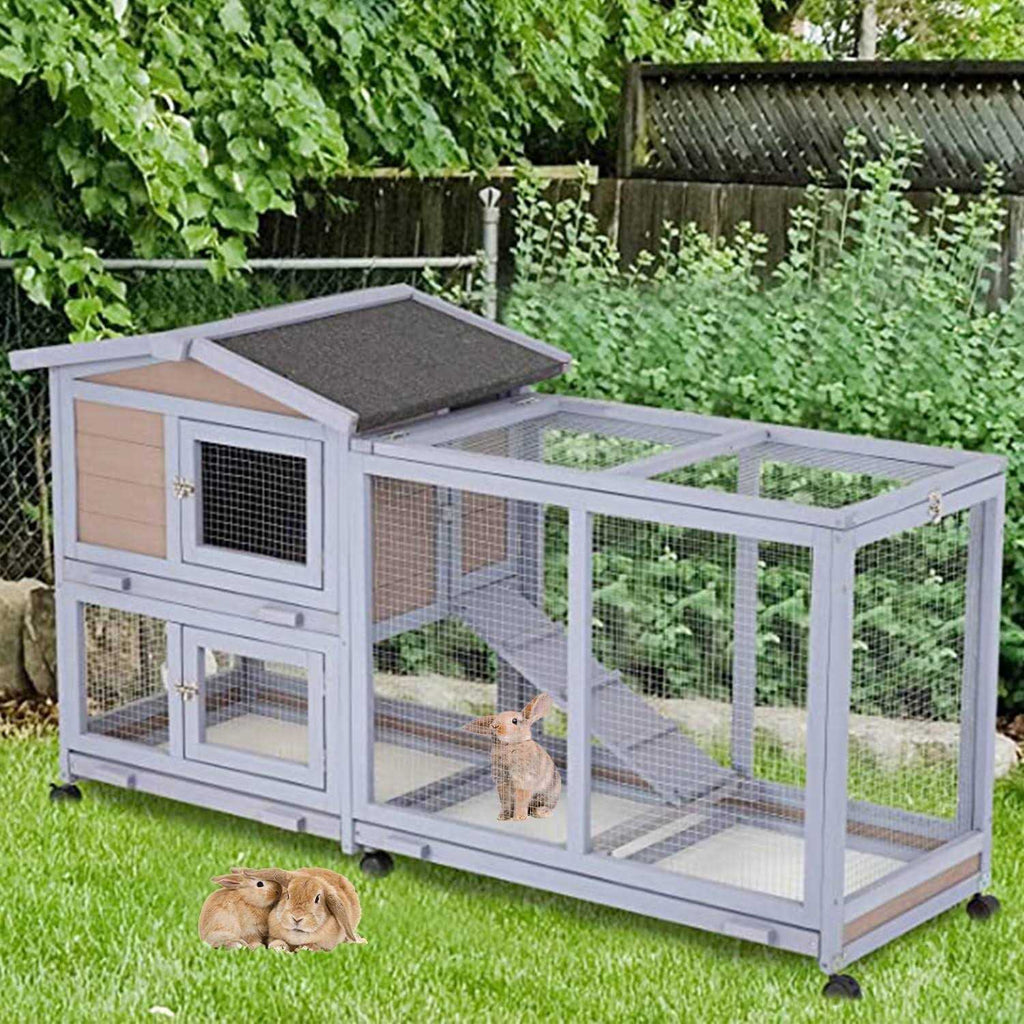Wood Rabbit Hutch with Wheels & Waterproof Roof R745