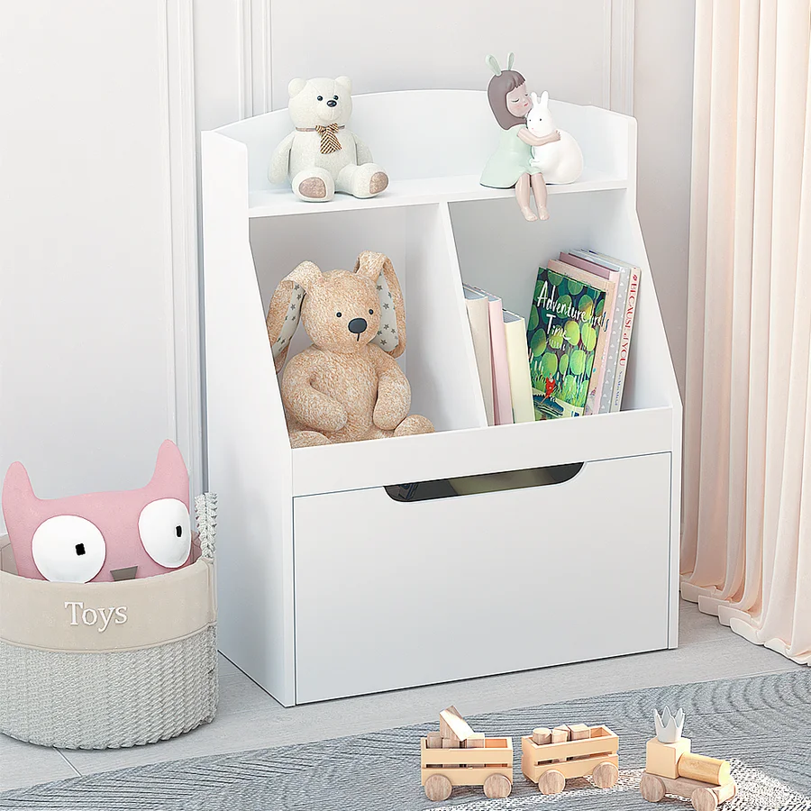 White Wooden Kids Bookcase with Toy Box on Wheels E127763