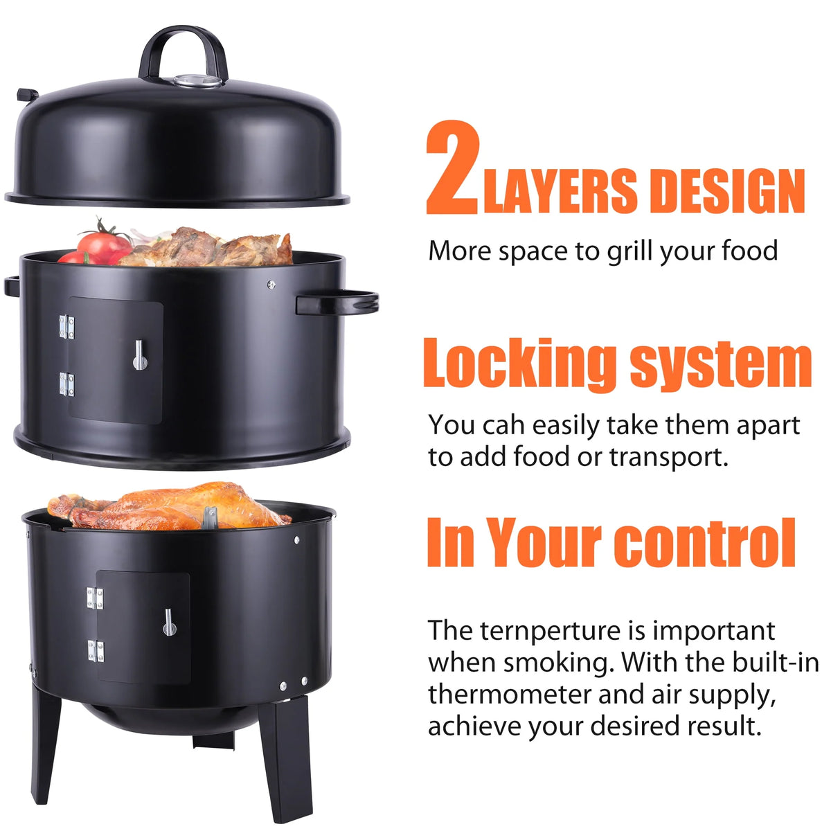 3-in-1 Steel Charcoal Smoker BBQ Grill with Thermometer X79298