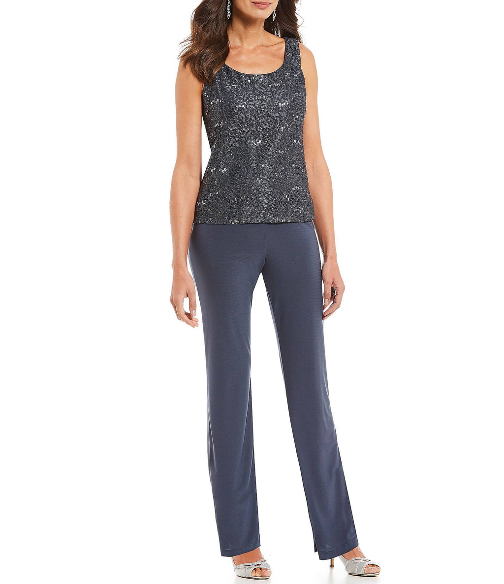 3-Piece Sequin Glitter Scallop Lace Duster Pant Set Y790