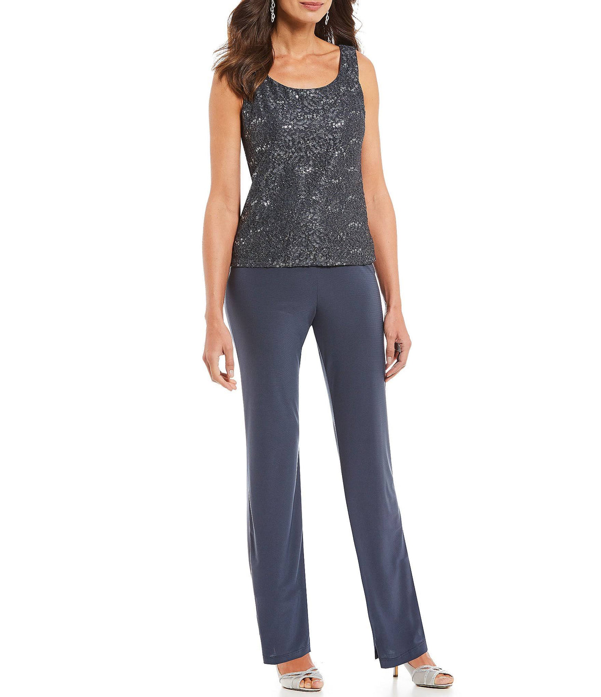 3-Piece Sequin Glitter Scallop Lace Duster Pant Set Y790