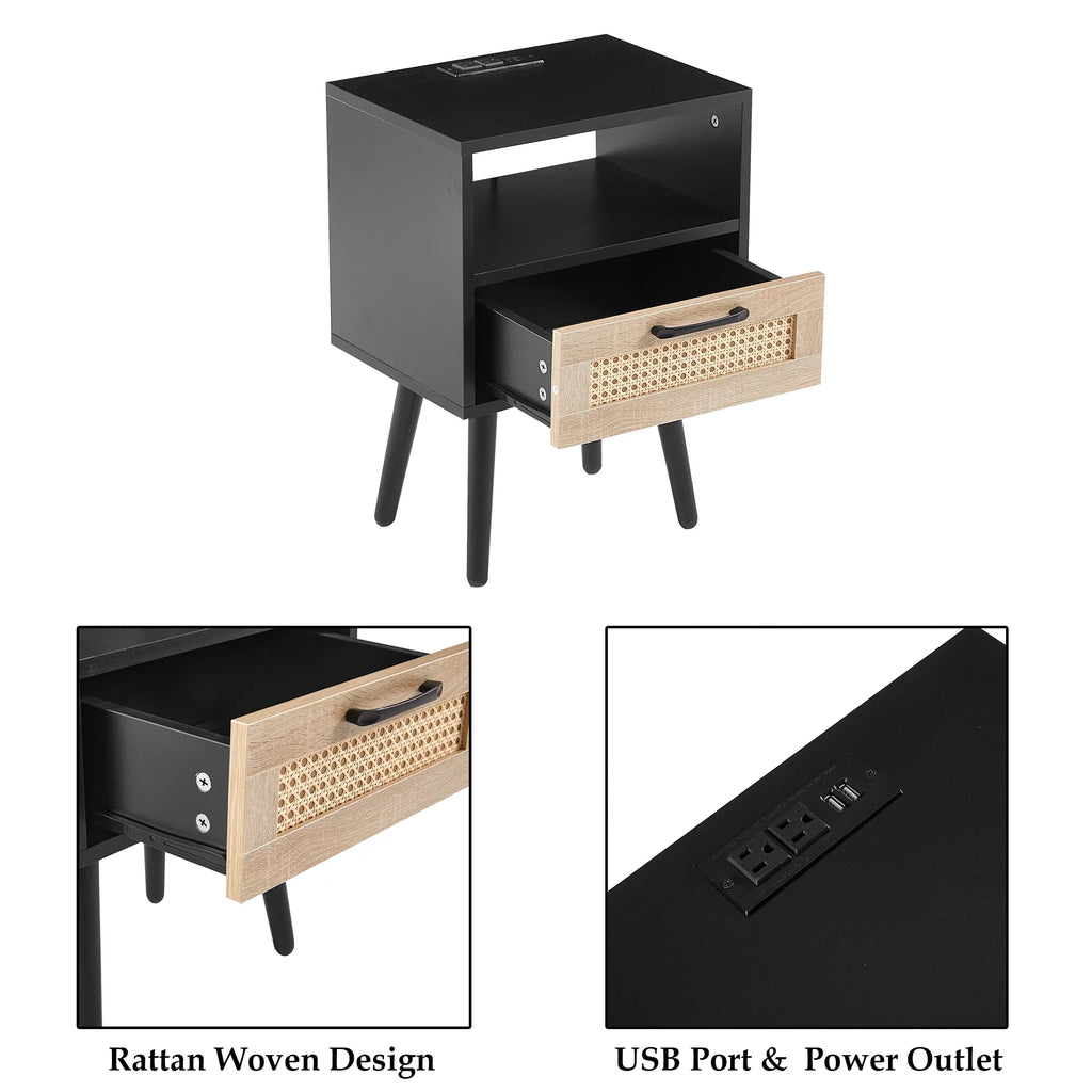 Black Nightstand with Storage Drawer and Charging Station V7774