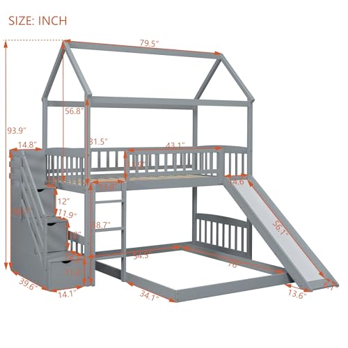 Twin Over Full Bunk Bed with Stairs and Slide, Gray A446