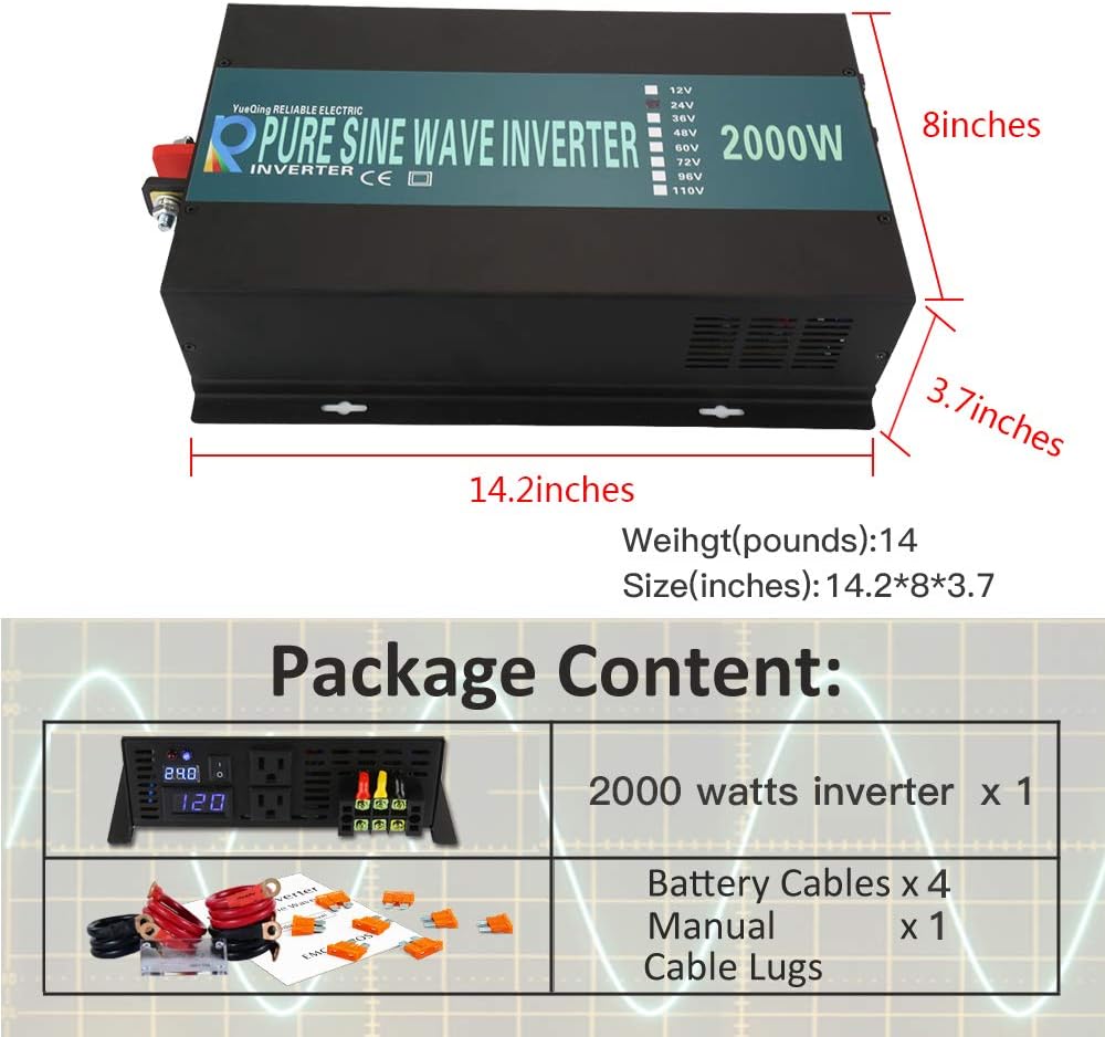 2000W 12V 120V Pure Sine Wave Power Inverter with 2 AC Outlets Y944300