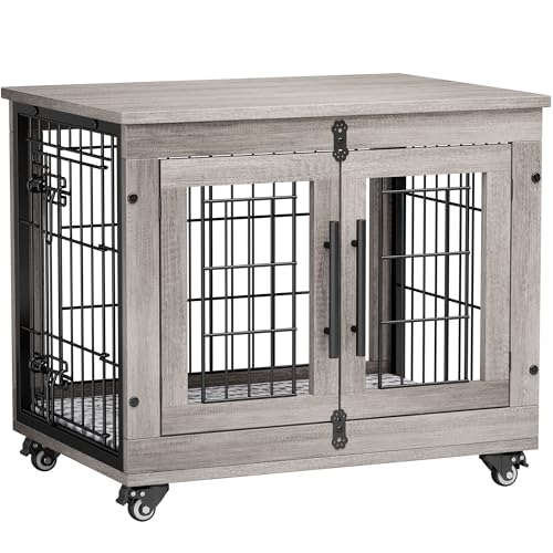 Grey Wooden Dog Crate 32'' with Cushion & Wheels Double Doors I4418