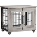 Grey Wooden Dog Crate 32'' with Cushion & Wheels Double Doors I4418