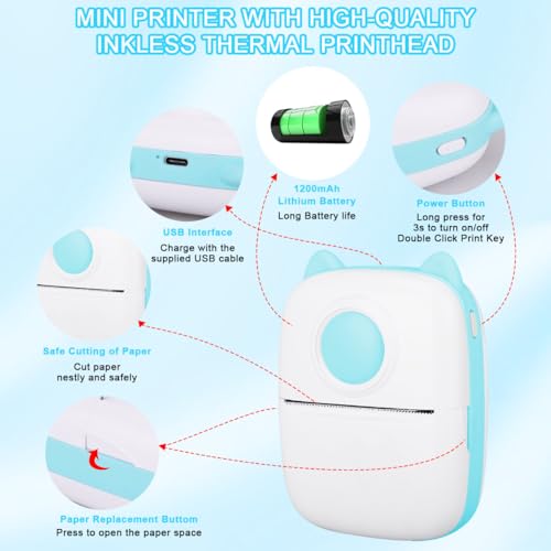 Pink Mini Portable Thermal Printer with 13 Roll Papers N600