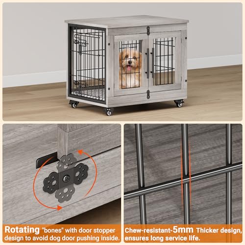 Grey Wooden Dog Crate 32'' with Cushion & Wheels Double Doors I4418