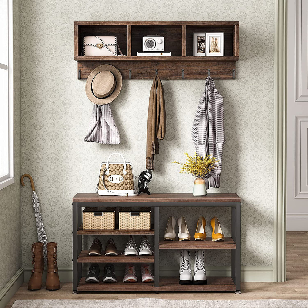 Hall Tree with Bench, 3 Storage Cubbies, 7 Hooks C8238