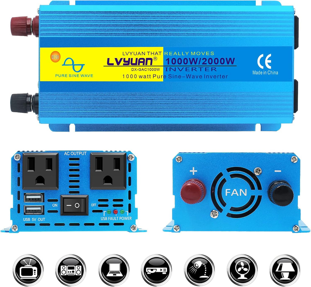 1000W Pure Sine Wave Car Power Inverter DC 12V to 110V AC with Dual AC Outlets and Dual USB Charging Ports X542609