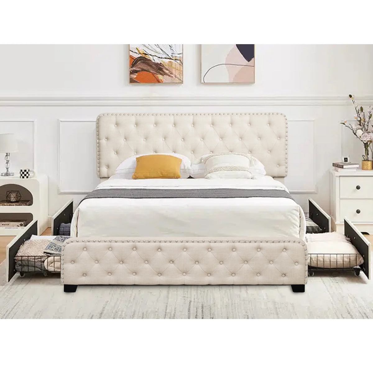 Beige Queen Platform Bed Frame with 4 Storage Drawers and Adjustable Headboard G532