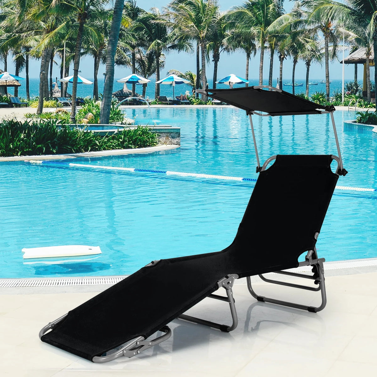 Beige Foldable Lounge Chair with Sun Shade H828133