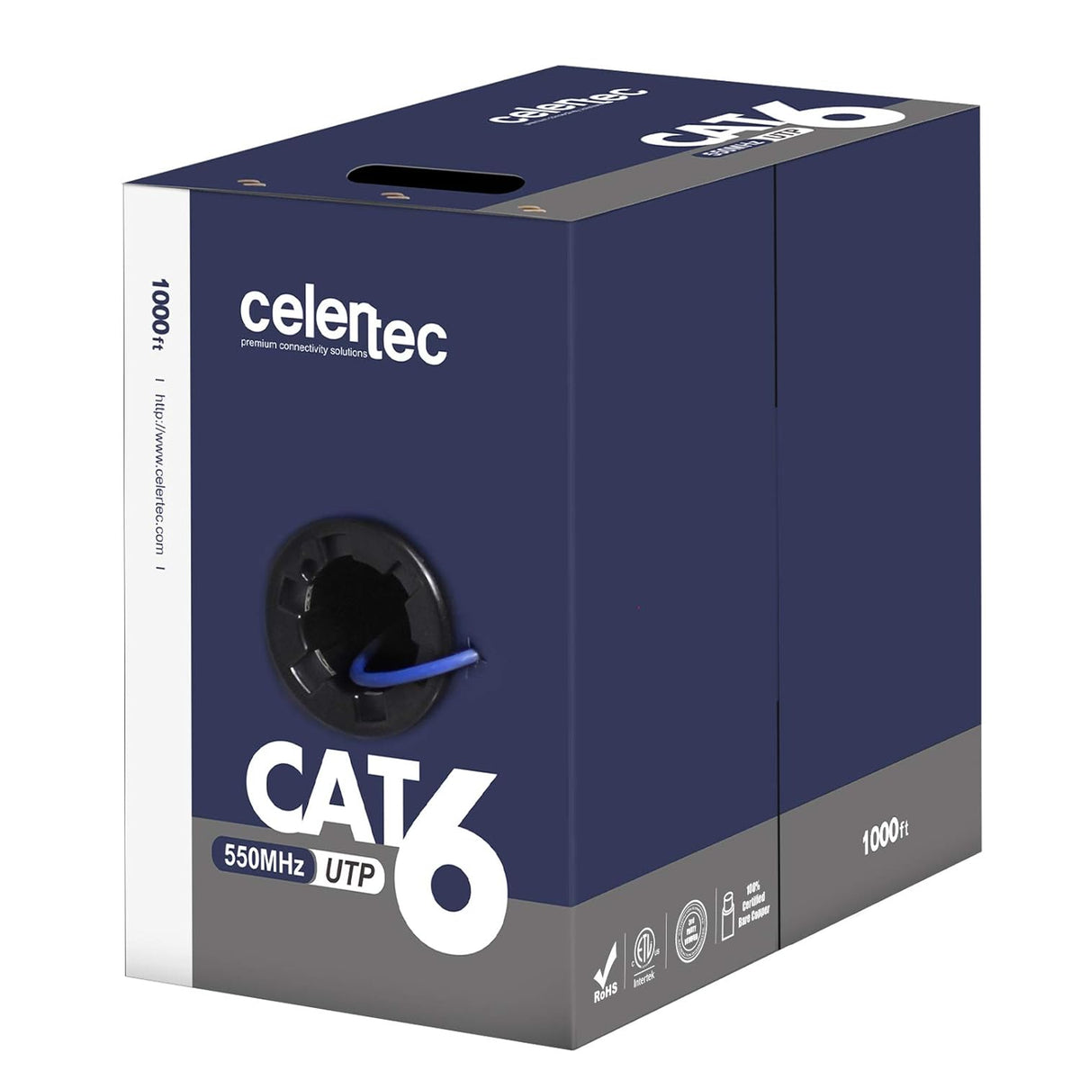 CAT6 Ethernet Cable, 1000ft, 23AWG Solid Bare Copper, UTP, Blue A292977