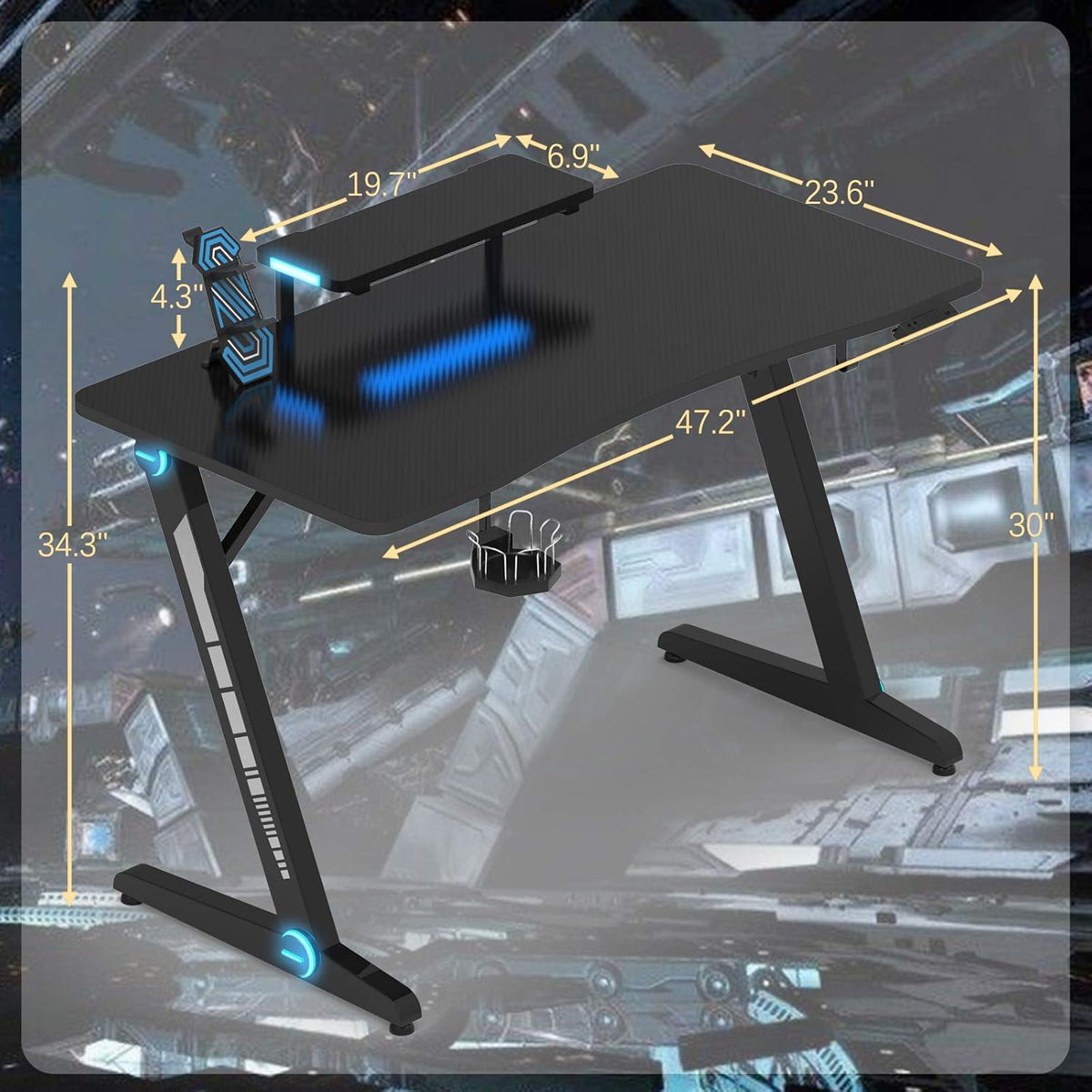Z-Shaped Gaming Desk with Monitor Stand & Carbon Fiber Surface S30100