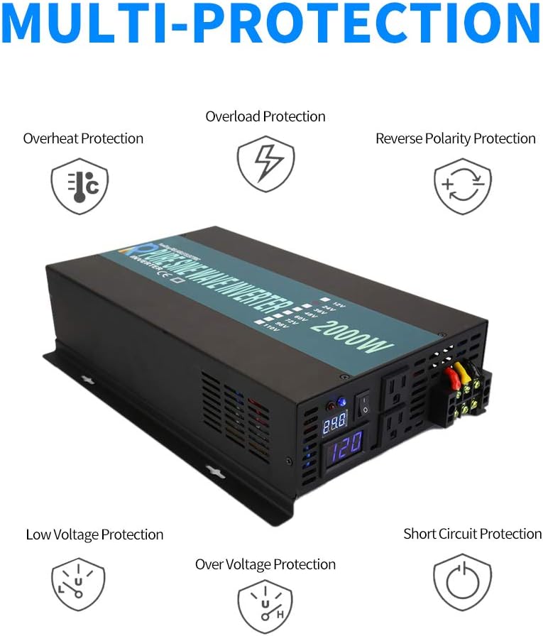 2000W 12V 120V Pure Sine Wave Power Inverter with 2 AC Outlets Y944300