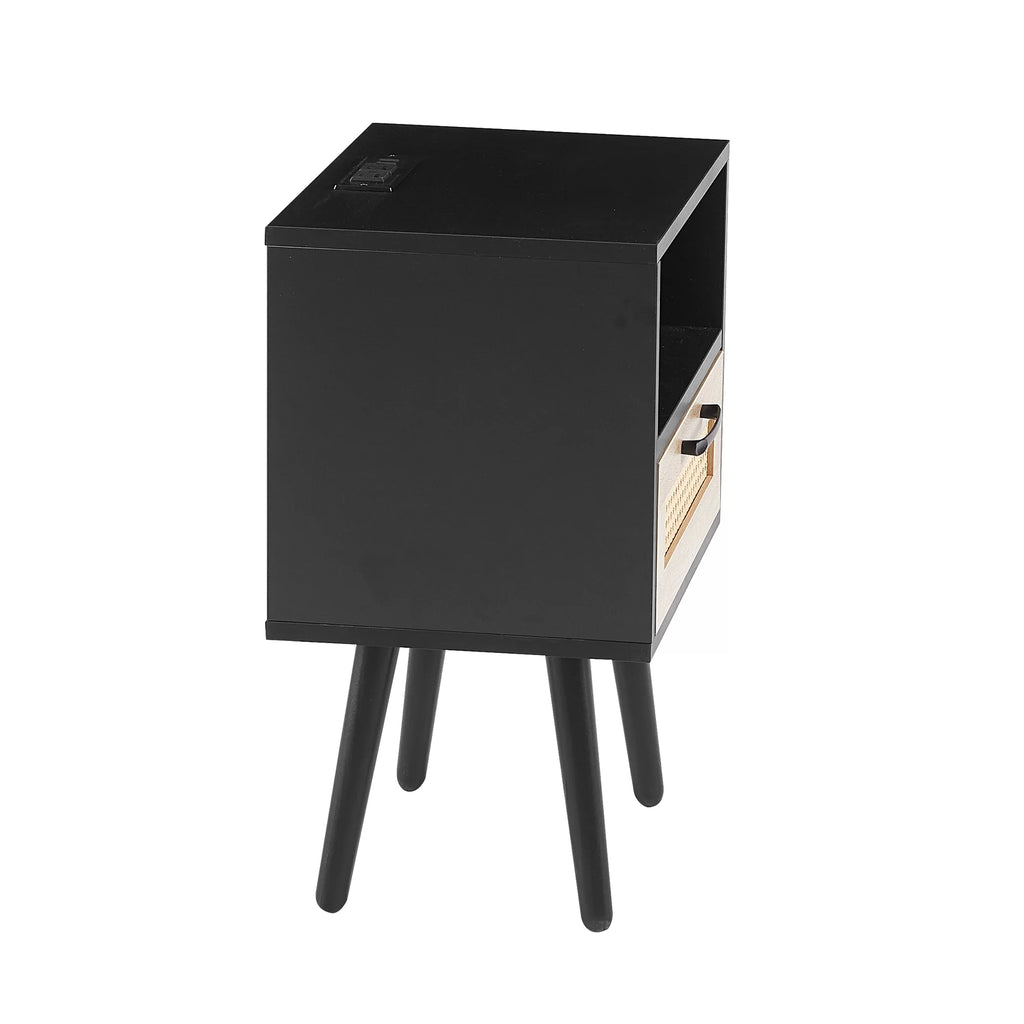 Black Nightstand with Storage Drawer and Charging Station V7774