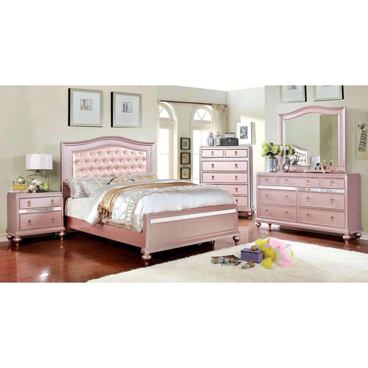 Rose Gold Queen Size Bed 6pc Set Solid Wood R3374