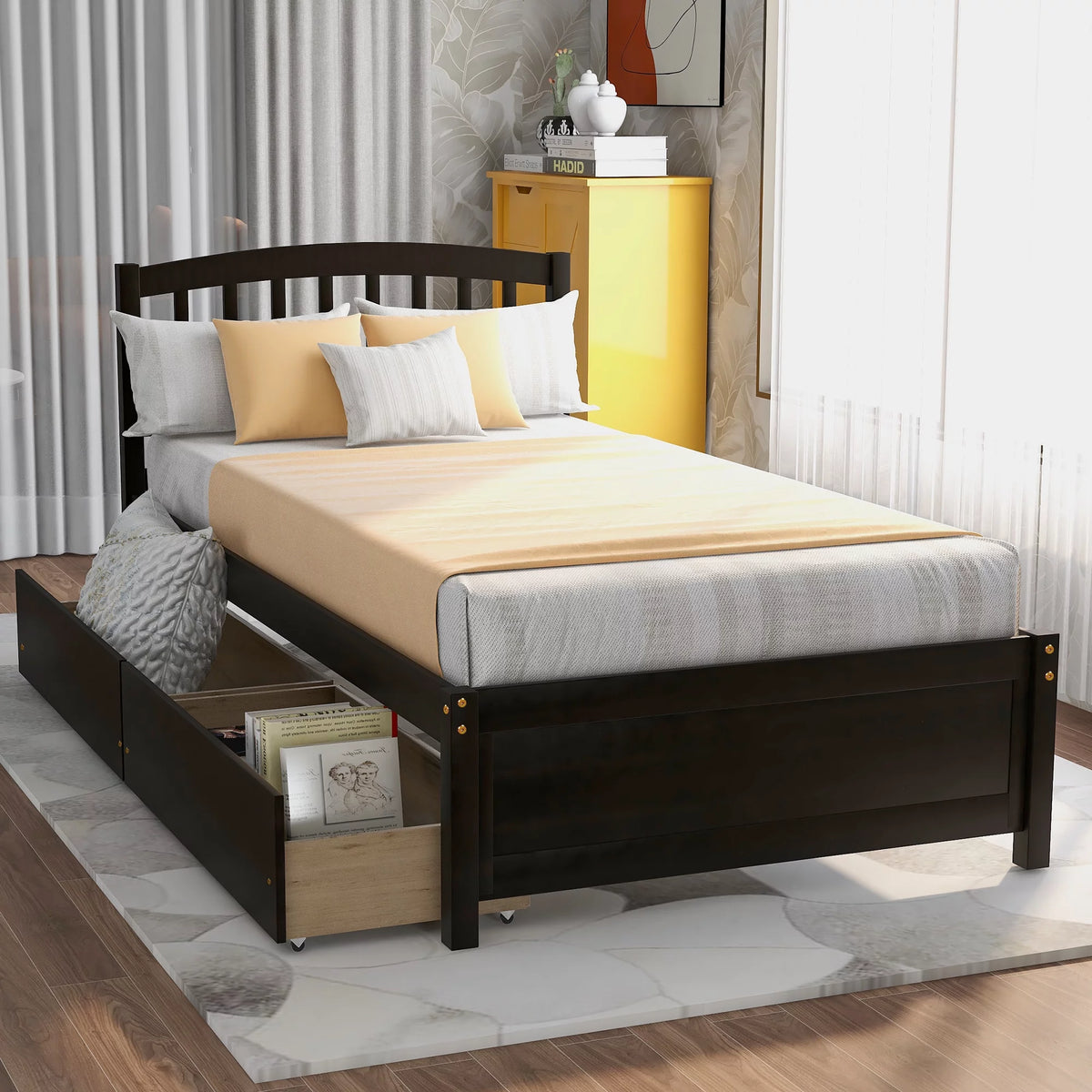 Twin Size Wood Platform Bed with Headboard and Storage V7056