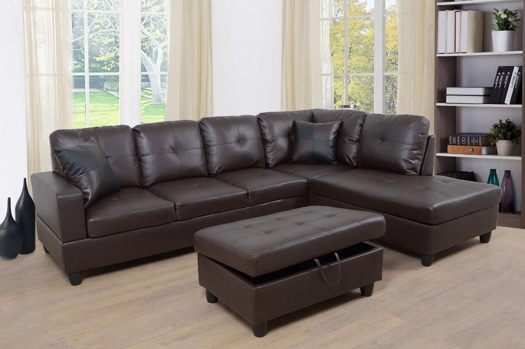 Brown Leather Sleeper Sectional Sofa with Storage Ottoman D75322