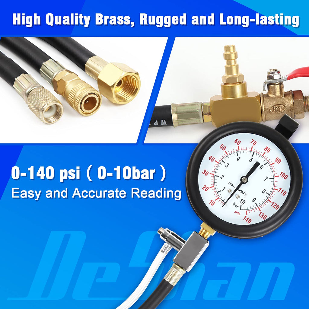Fuel Pressure Test Kit, Fuel Injection Pressure Tester Kit Gauge 0-140 PSI/10 bar Scale, Dual Dial Y24277