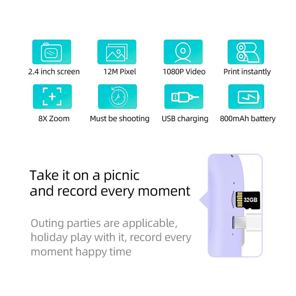 Instant Camera with Dual Lenses, 12MP, 32GB Memory, 3 Printing Paper Rolls Y64010
